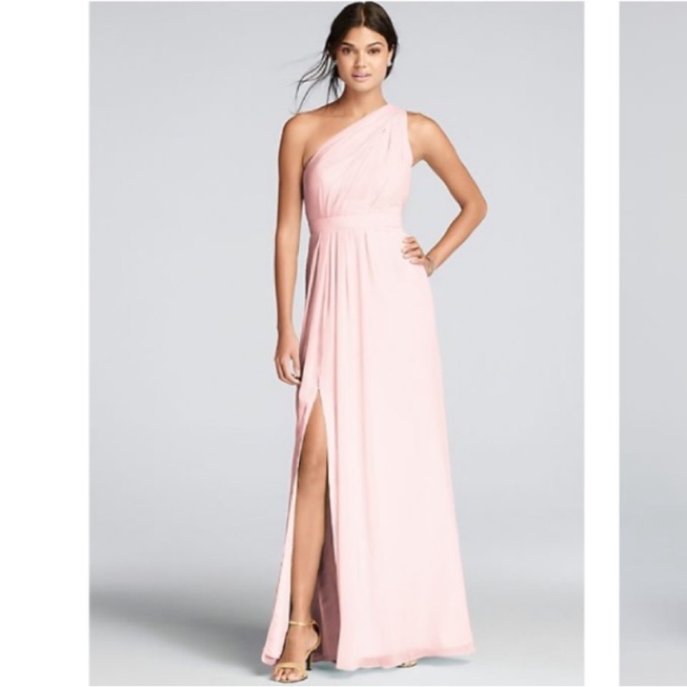 David’s bridal petal pink one shoulder gown